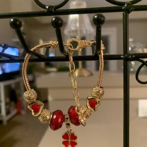 Chic Gold and Red Heart Charm Bracelet